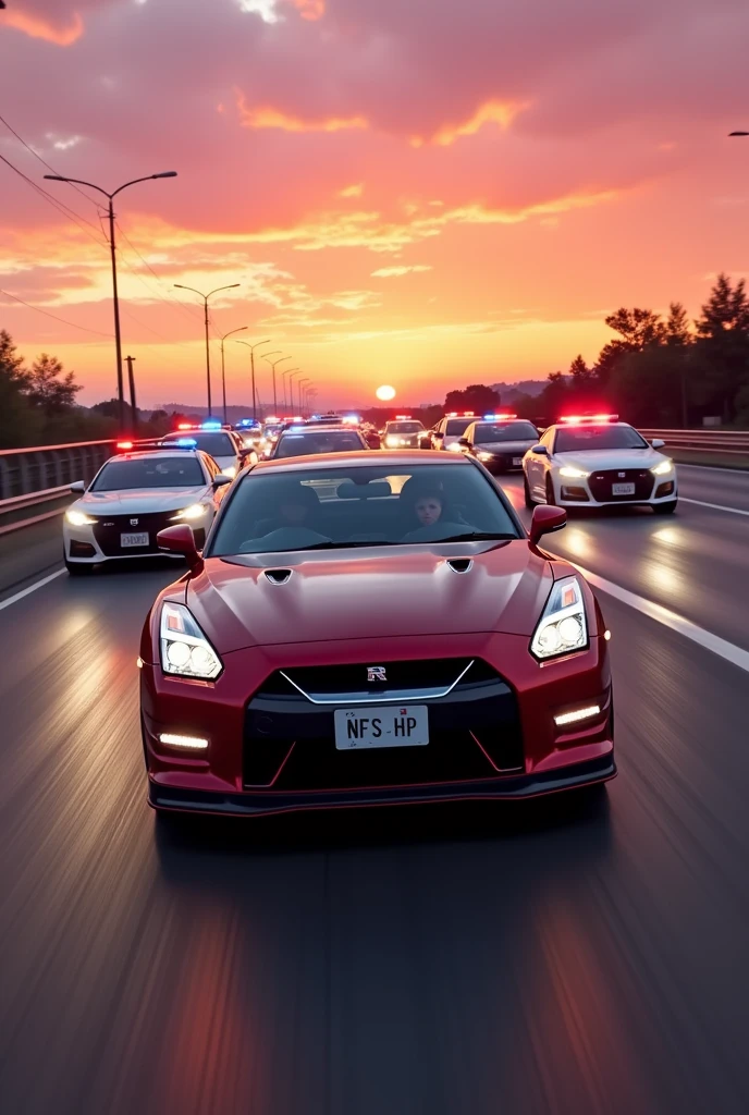 A high-speed of a Nissan GT-R Nismo driving down the highway. The license plate reads "NFS HP". The car is being pursued by multiple police cars, with sirens blaring and lights flashing. The setting sun casts an orange and purple hue over the scene, and the driver's determined expression hints at the adrenaline-fueled chase, ultra-detailed, realistic lighting, photo, cinematic, vibrant