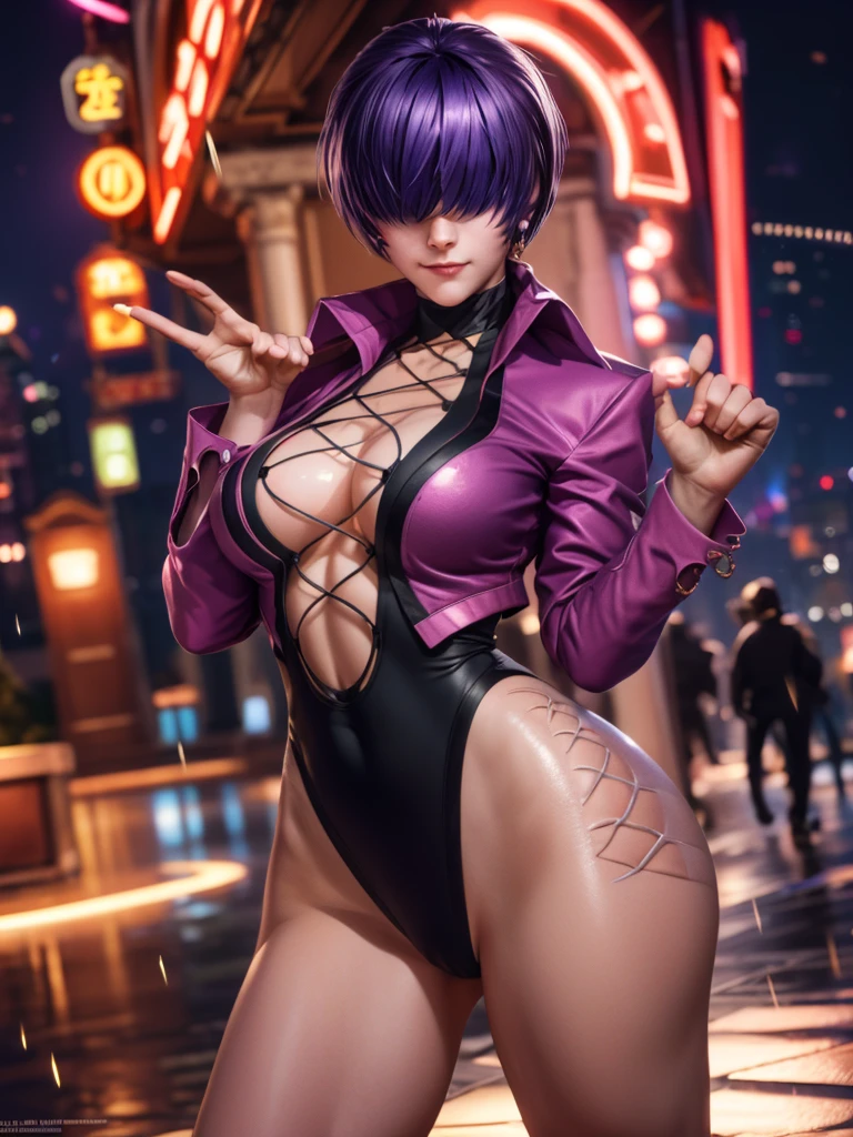 (at night), alone, in a video game scene a background of a beautiful city during the day raining, standing at attention, purple hair, ((purple hair)), 1 girl, alone, 20 years old, young woman, perfect hands , beautiful and perfect symmetrical fingers, beautiful long legs, perfect legs, beautiful body, beautiful nose, beautiful character design, perfect face, look at the viewer with a serious gesture and in an attack position (focusing on his face), closed mouth, Light_Smile, official art, extremely detailed CG unity 8k wallpaper, perfect lighting, bright and colorful front lighting, glowing skin (masterpiece: 1.0), (best quality: 1.0), ultra high resolution, 4K, ultra detailed photography, 8K , HDR, high resolution, nonsense: 1.2, Kodak portra 400, film grain, blurred background, bokeh: 1.2, lens flare, (vibrant_color: 1.2), professional photography, (beautiful_face: 1.5), (narrow waist),
