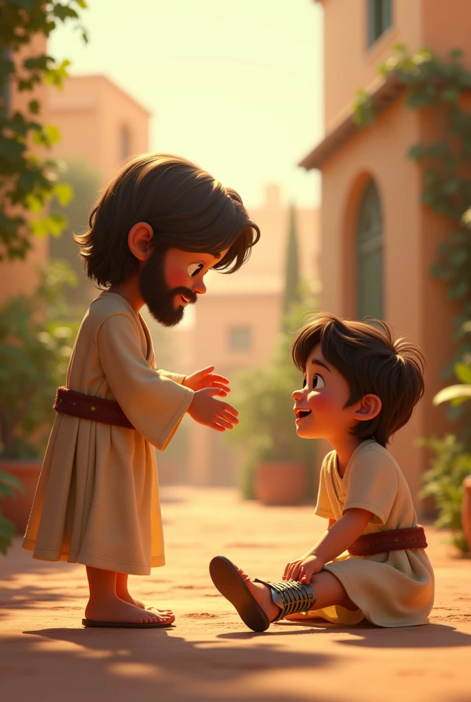 A 3D movie poster in Disney-Pixar style of Jesus as a kid helping his friend that broke his ankle