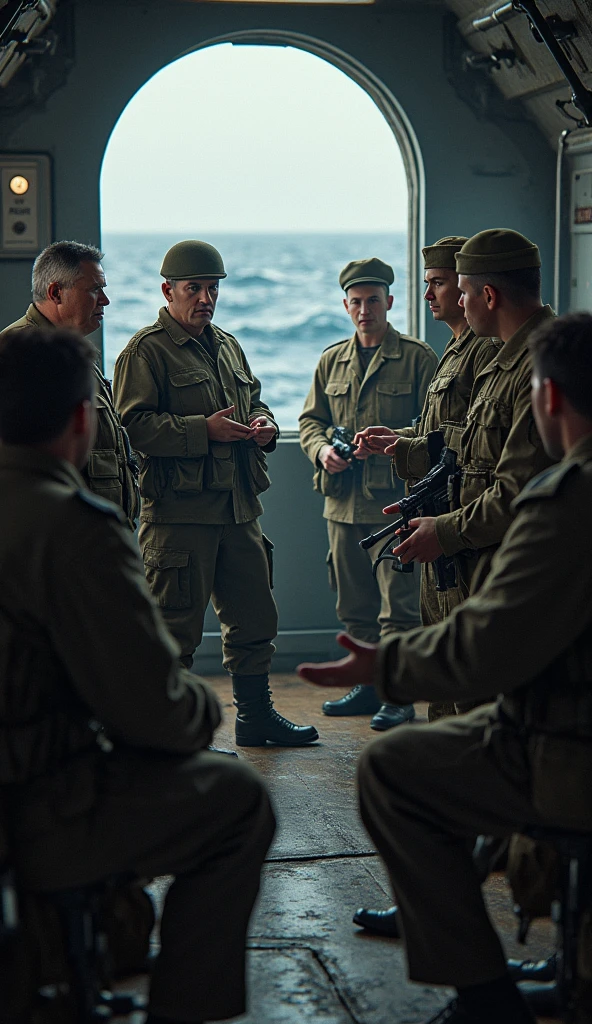 Allied soldiers aboard ships, gearing up for the invasion, with commanders briefing them on the mission. The mood is tense, with the soldiers knowing the scale of the operation and the risks involved.