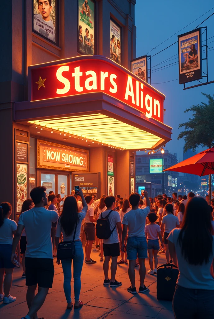 Imagine a scene outside a popular cinema in a busy city in the Philippines, like Manila, during the evening. The theater’s marquee displays "Stars Align" in large, glowing letters, along with the phrase “Now Showing.” Posters of the movie, featuring its stars and key scenes, are plastered on the theater walls.A crowd of excited moviegoers, including families, groups of friends, and couples, is gathered outside. Some are taking selfies with the movie posters, while others are holding tickets and wearing "Stars Align" T-shirts or carrying posters. Street vendors nearby are selling local snacks like popcorn, roasted peanuts, and soft drinks, adding a familiar Filipino touch to the scene.The theater's entrance is adorned with decorations like star-shaped lights and banners celebrating the movie’s success. Digital billboards around the area are playing clips and trailers from "Stars Align," heightening the anticipation. As people leave the theater, they look happy and animatedly talk about the movie, reflecting its positive reception. This lively scene, set in the Philippines, showcases the excitement and popularity of "Stars Align" as a hit movie.
Realistic 