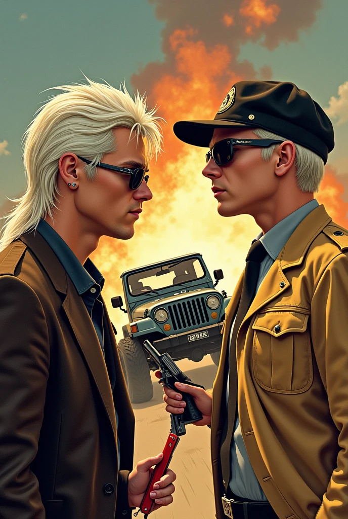 I want an illustration of Macgyver Richard Dean Anderson with his hair in a punk cut , long and white and with a red Swiss Army knife in his hand, with a black leather jacket and blue jeans,fighting face to face against Murdoc actor Michael Des Barres with a big face and young, short white hair, and dark glasses and a brown suit and tie, and a sand-yellow military jacket and a sand-yellow military commander's cap with a golden shield and a gun in his hand pointing at Macgyver and in the background a jeep jumps and explodes.