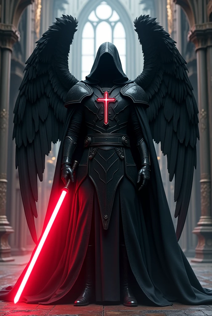 a sith templar knight with black angel wings, a crucifix on his chest and in front of a gothic church and with a crimson lightsaber