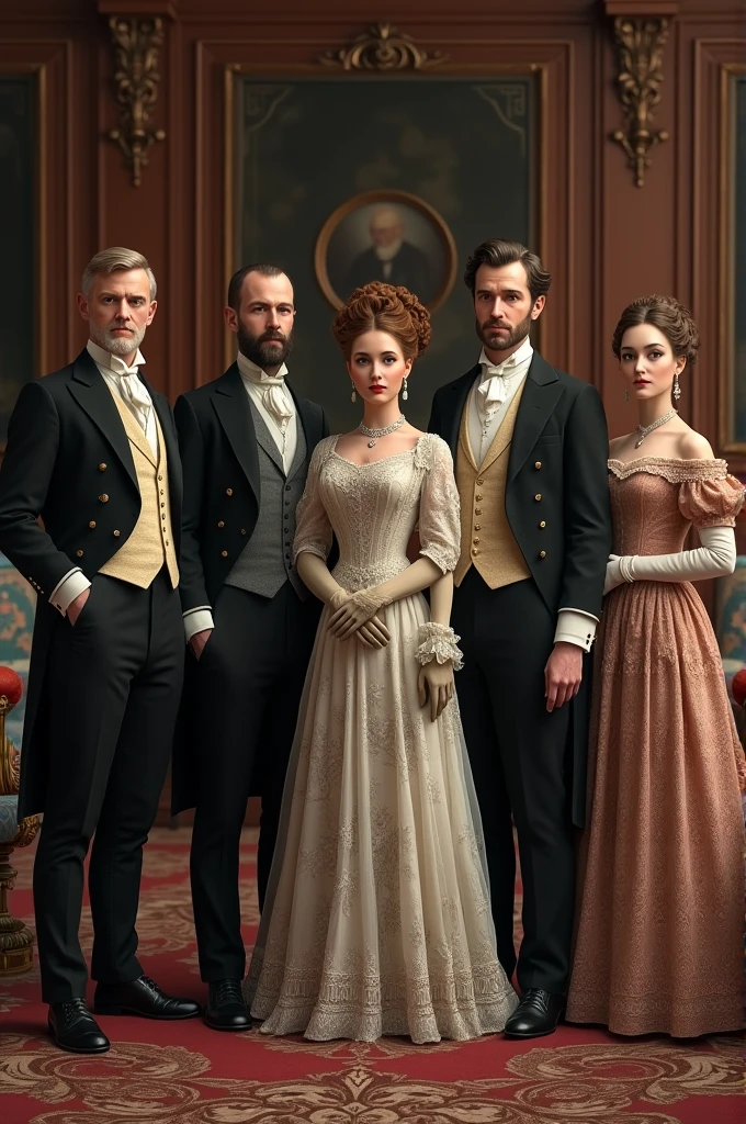 Generate an image of five people from 1892, dressed in 19th-century clothing, including two men and three women, all standing together in the same scene.