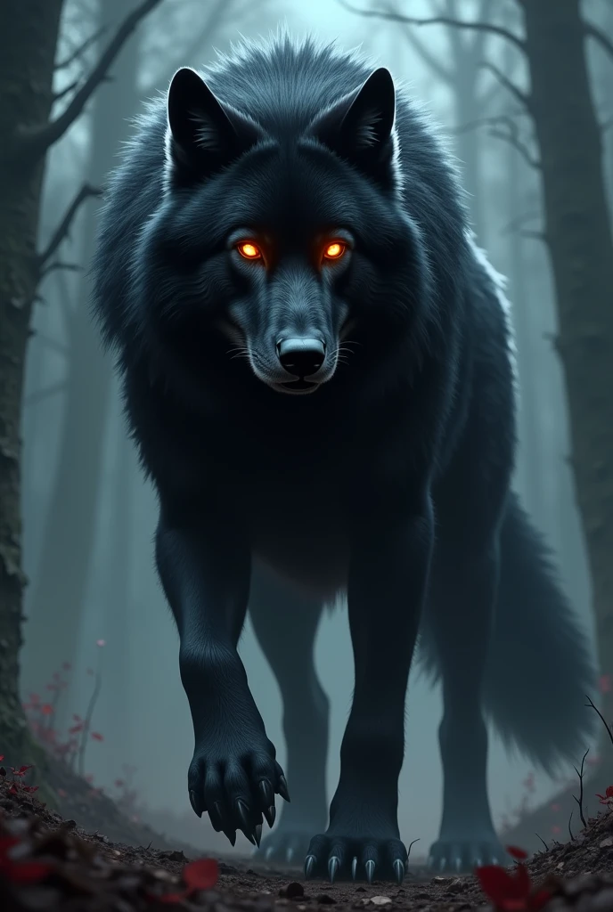 To create an image of a black wolf with an aura of power and danger, Imagine a dark, shiny furred wolf standing out in a gloomy environment. His gaze is intense and penetrating., with eyes that seem to glow with a sinister red or golden glow. The background must be dark, perhaps a stormy night or a dark forest, to enhance the contrast with the wolf. The wolf stance should be dominant and challenging., with an attitude that exudes confidence and authority, as if ready to claim his place as the undisputed king of the wolves.