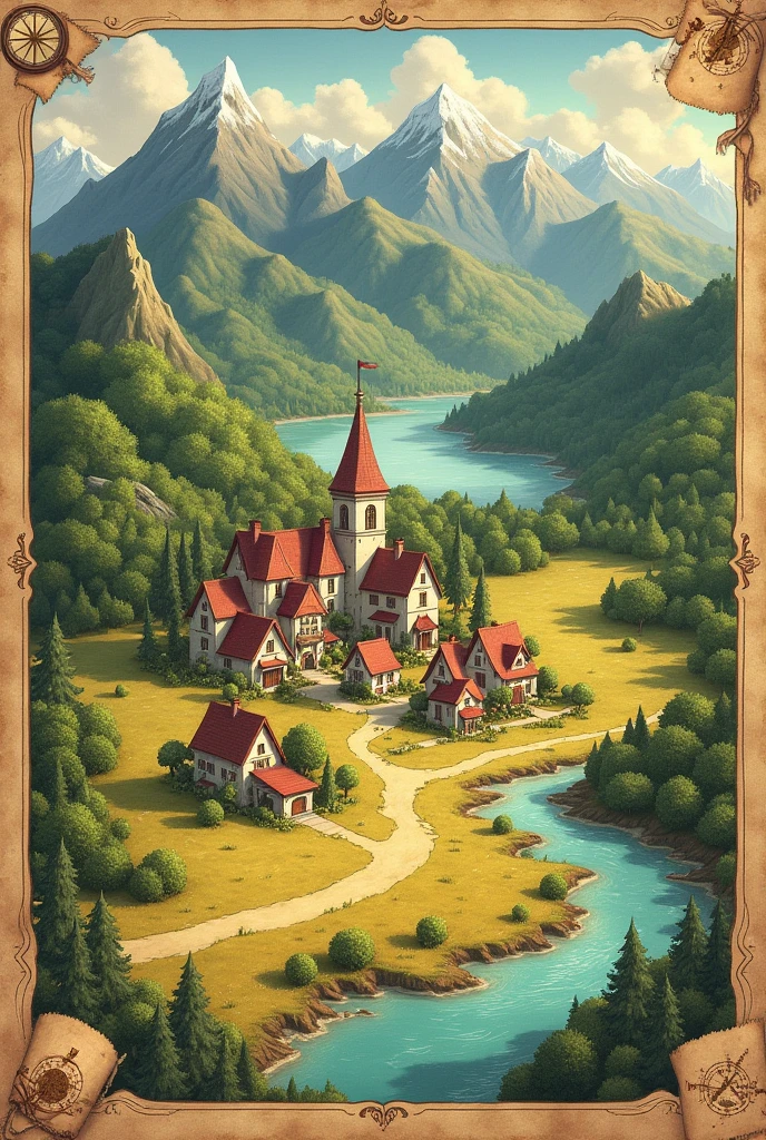 Draw a map on paper showing a small town and a forest around the town., some mountains, a lake and a field 

