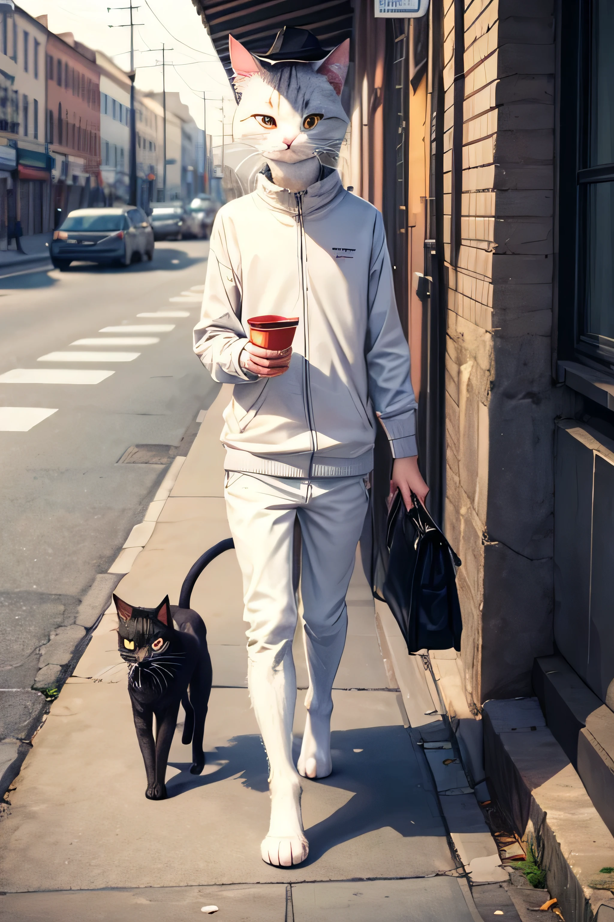 A cat walking upright on the street, sad because he is very thin and is hungry