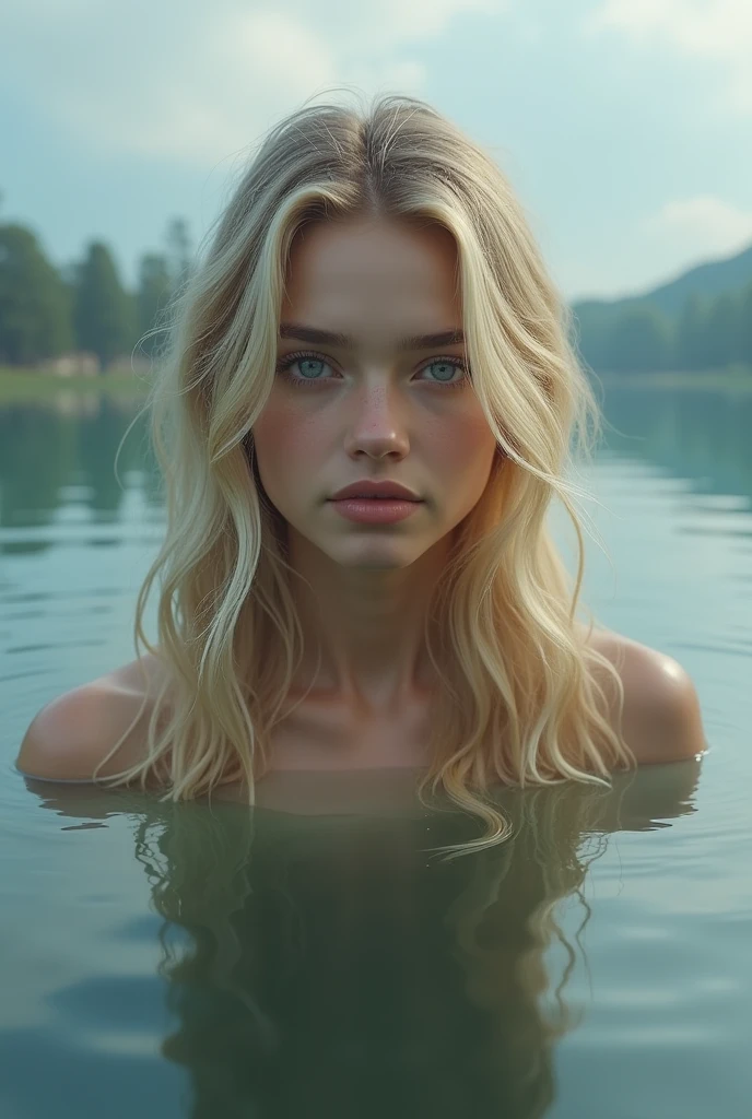  blonde girl with blue eyes and loose hair in a lake
