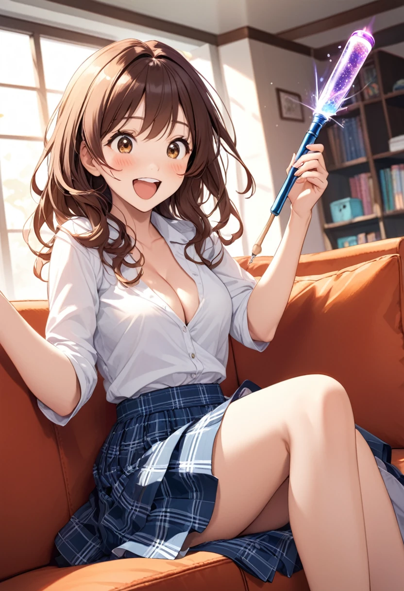 detailed illustration, dynamic angle, ultra-detailed, illustration, 1girl, 1, school girl, white blouse, blue plaid skirt, cleavage, wavy brown hair, long hair, bright brown eyes, cleavage, magic wand, wooden wand, sitting on couch, medium breasts, excited, happy, playful, joyful, proud, eager, living room, magic skirt lifted, no panties