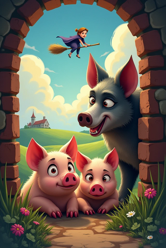 Make a cover for the story of the three little pigs, that the three little pigs are seen inside the house and that the wolf is watching them with the desire to eat them , out the window and you see a mother pig witch flying on a broom 