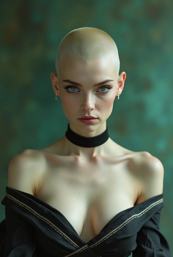 a white girl, bust, Alone, Upper part of the body, very short shaved haircut, black eyes, black fur, choker, NSFW, (japanese clothes:1.3), huge breasts, open breasts, pechos nakeds, (an exposed breast:1.4), naked, bare shoulders, masterpiece, Very detailed, look at the viewer, (blurred background, soft background, Green sky background:1.3), cara sigma, cunning face, Front view