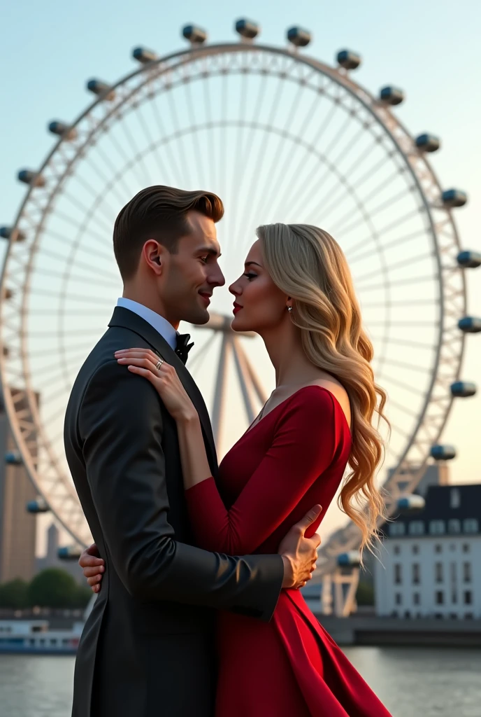 A couple hugging in front of the London Eye, taking a profile selfie man brown hair and eyes, with old money style haircut, blonde woman with green eyes 8k ultra realistic photorealistic