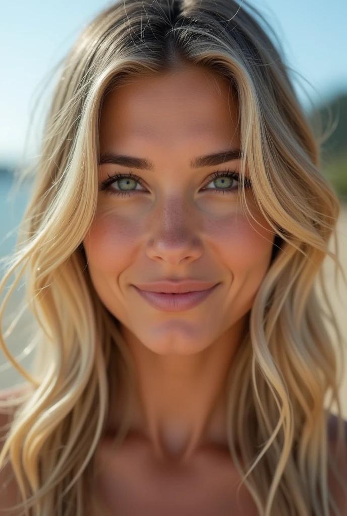 A blonde woman, around 2, slightly grayish green eyes, face of someone who plays sports, small features of actress Jennifer Aniston, weighing 70km with 1,80m de altura 