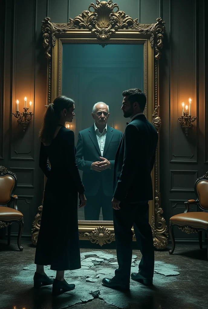 "A cinematic, hyper-realistic book cover for an eBook in Portuguese titled 'Antinarcisista.' The cover depicts a dramatic scene of a couple in conflict, with the man embodying narcissistic traits, standing in front of a large, ornate mirror that reflects a distorted image of him. The woman stands firm but vulnerable, resisting his influence. The background is a dark, opulent room with broken mirrors on the floor. The title 'Antinarcisista' is prominently displayed at the top in a bold, elegant font. The subtitle 'A quebra do espelho' is displayed below in a smaller, complementary font. Remove all other text from the original image."



styled: realisitic/Cinematic Resolution: Bullish (1024x1024 or higher)
detalhamento: Maximum Illumination: Dramatic, focusing on clear contrasts and shadows Texture: fine-details, with attention to the composition of the elements (broken mirrors, opulence of the environment)
Farbe: Dark and realistic color palette