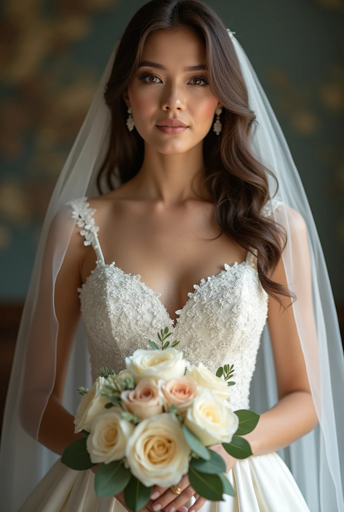 Create a portrait of a refined and elegant woman seated in a sophisticated setting. She has long, wavy hair styled in two thick braids that are pulled over her shoulders. She wears a white, lace gown with intricate patterns, featuring a deep V-neckline and short sleeves. The dress exudes a vintage charm with its delicate lacework. She is adorned with ornate, dangling earrings that add a touch of glamour to her appearance. The background is softly lit, with warm, ambient lighting that creates a cozy and inviting atmosphere. Her expression is poised and serene, capturing a sense of grace and elegance.