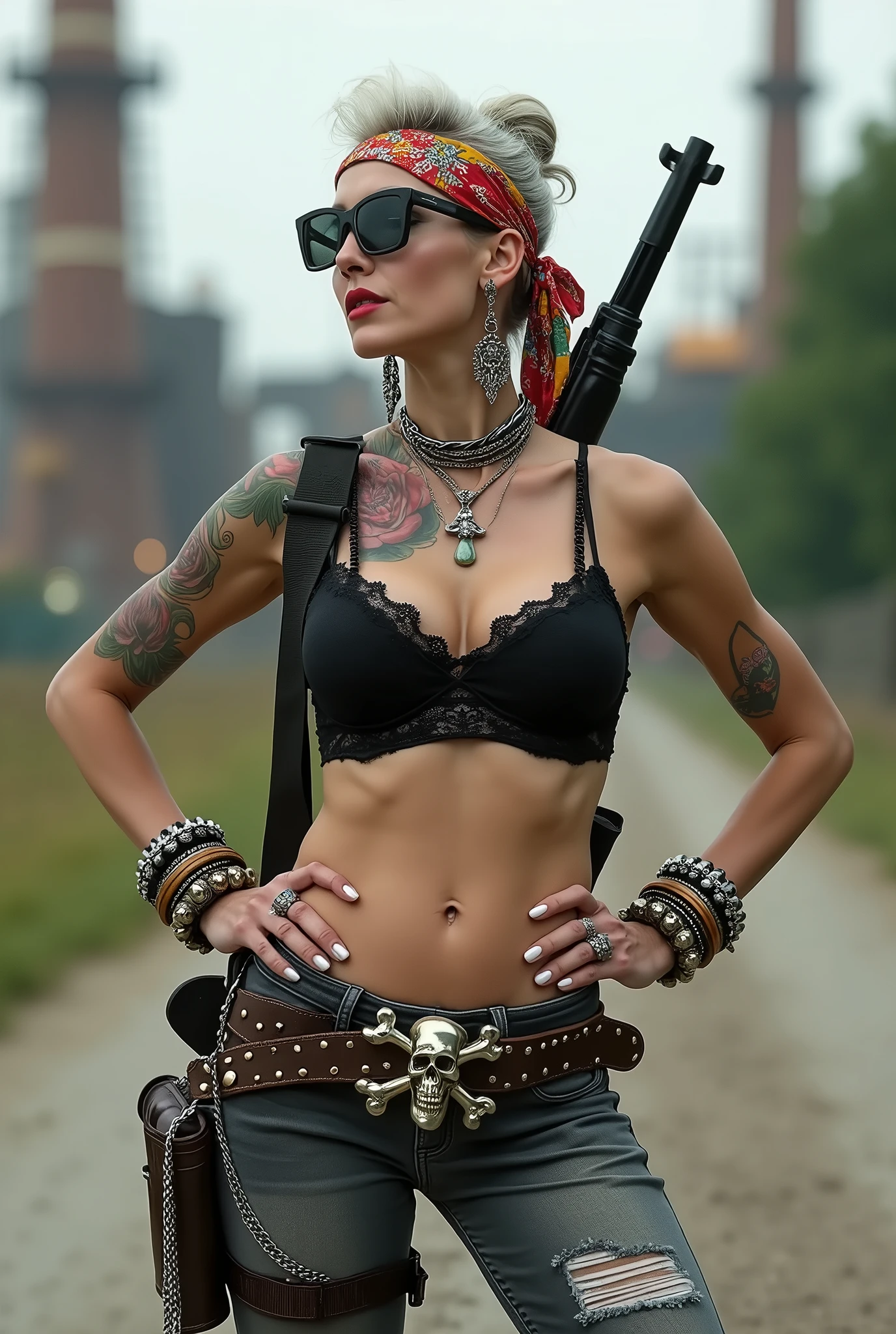 russian old milf woman, grey hair (bouffant, top bun) and oversized square sunglasses and wide colourful bandana as headband, with very light green eyes, extremely pale. Big lips. Black lace push up bra, silicone breast,, dark worn skinny low rise grey jeans with holes on knees ( patched with colourful fabric). Flip flops. Lots of thick wide studded bracelets, chain collars and big rings. Tacky wide studded leather belt with big skull and bones oval buckle. Two pistol holsters hanging from crossed loose belts,. Long earrings with chains and feathers. Standing with legs apart, hands on her hips, stretching her neck and looking up in surprise craving., Neck, chest, stomach and wrists heavily tattoed. Toned abdominals, thin neck, slim legs and thin arms. Narrow hips Assault rifle hanging on her back. Guarding an entrance at an oil refinery