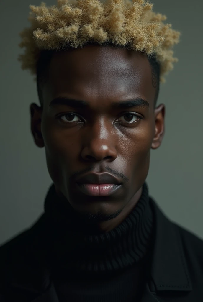 A dark-skinned man with blond curly hair, with black eyes, with thin lips and a straight nose