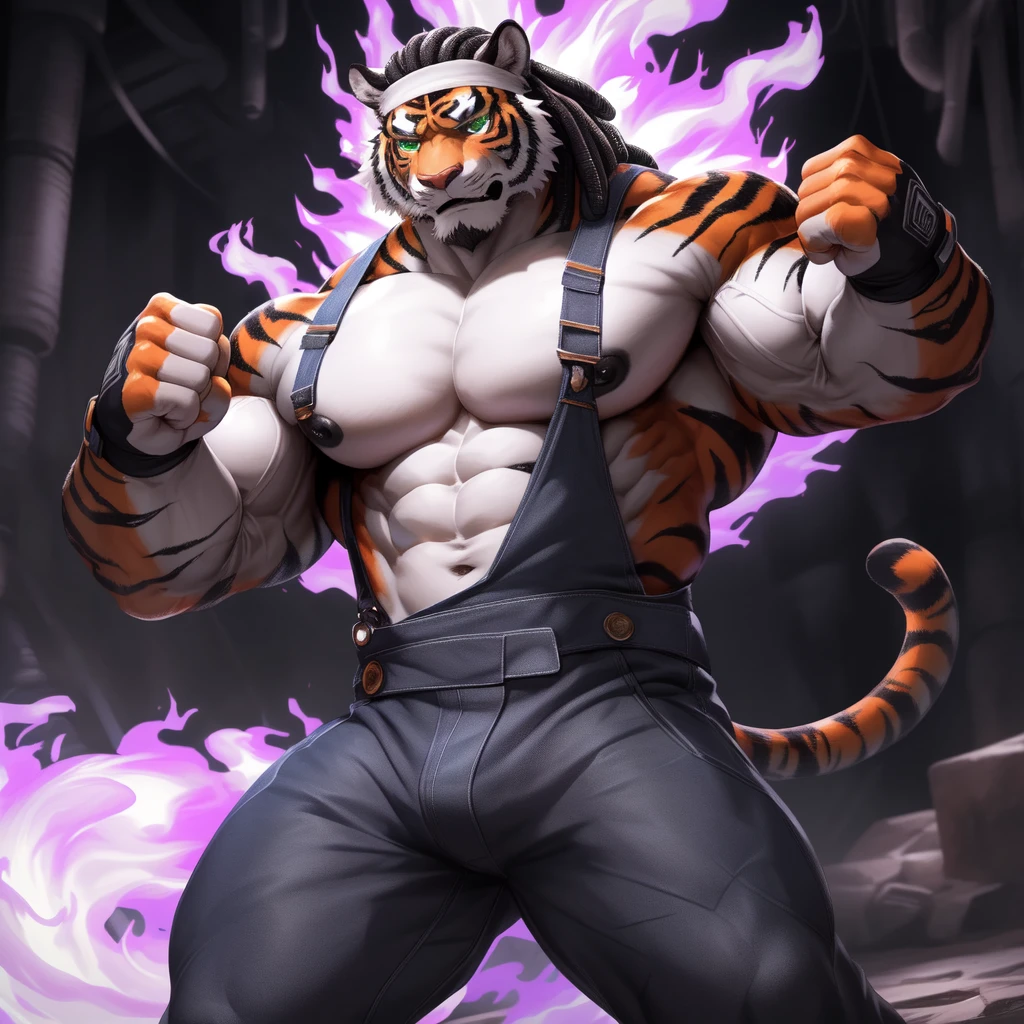 upload on e621), (Masterpiece), (Pino Daeni), (null-ghost), (kiyosan), (best quality), (ultra high res), 4K, (8k HD), 2D, (perfect anatomy), (digital art), (official art), (extreme detailed), (ultra detailed), (strapsanime), color, (soft shading), (sharp focus), (((excessive purple fire both fists))), (((training underground background))), 1man, orange body fur, black stripes, (((orange muscular arms))), white pecs and belly, detailed fluffy fur, (ultra detailed face), detailed eyes, detailed iris eyes, (((detailed green eyes))), white sclera, black pupils, (((navel))), (((abs))), (((pectoral))), (normal stance pose) (((black claw nails))), furry tiger male, mature male, (((full body))), normal height, (((orange with black stripes ripped muscular body fur))), feline, (((black nipples))), (((large ripped muscles))), (((large ripped pecs))), (((large ripped biceps))), cat, mammal, orange tiger, tiger male, intense face, serious expression, (((badass))), tiger anthro, solo, standing, (((wearing full complete white training outfits))), (((white training overalls))), (((dark black short hair))), (((dark black short back hair))), (((dark black short dreadlocks hairstyle))), (((perfect fingers))), (((five fingers))), (((orange hands and fingers))), (((wearing fingerless black and grey gloves))), (((black fingerless combat gloves))), (((black long headband))), (((white open training outfits)), (((blackbelt))), (((orange and black stripes long tiger tail))), (((white long pants))), (((excessive purple fire aura flow entire body)))