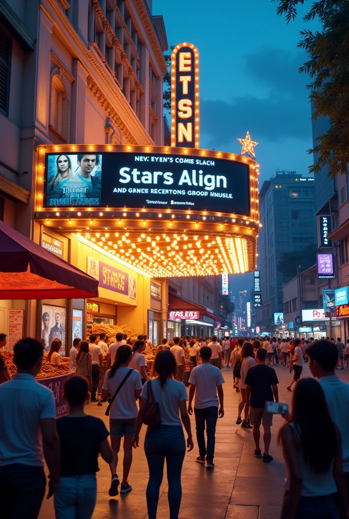 Imagine a scene outside a popular cinema in a busy city in the Philippines, like Manila, during the evening. The theater’s marquee displays "Stars Align" in large, glowing letters, along with the phrase “Now Showing.” Posters of the movie, featuring its stars and key scenes, are plastered on the theater walls.A crowd of excited moviegoers, including families, groups of friends, and couples, is gathered outside. Some are taking selfies with the movie posters, while others are holding tickets and wearing "Stars Align" T-shirts or carrying posters. Street vendors nearby are selling local snacks like popcorn, roasted peanuts, and soft drinks, adding a familiar Filipino touch to the scene.The theater's entrance is adorned with decorations like star-shaped lights and banners celebrating the movie’s success. Digital billboards around the area are playing clips and trailers from "Stars Align," heightening the anticipation. As people leave the theater, they look happy and animatedly talk about the movie, reflecting its positive reception. This lively scene, set in the Philippines, showcases the excitement and popularity of "Stars Align" as a hit movie.
Realistic