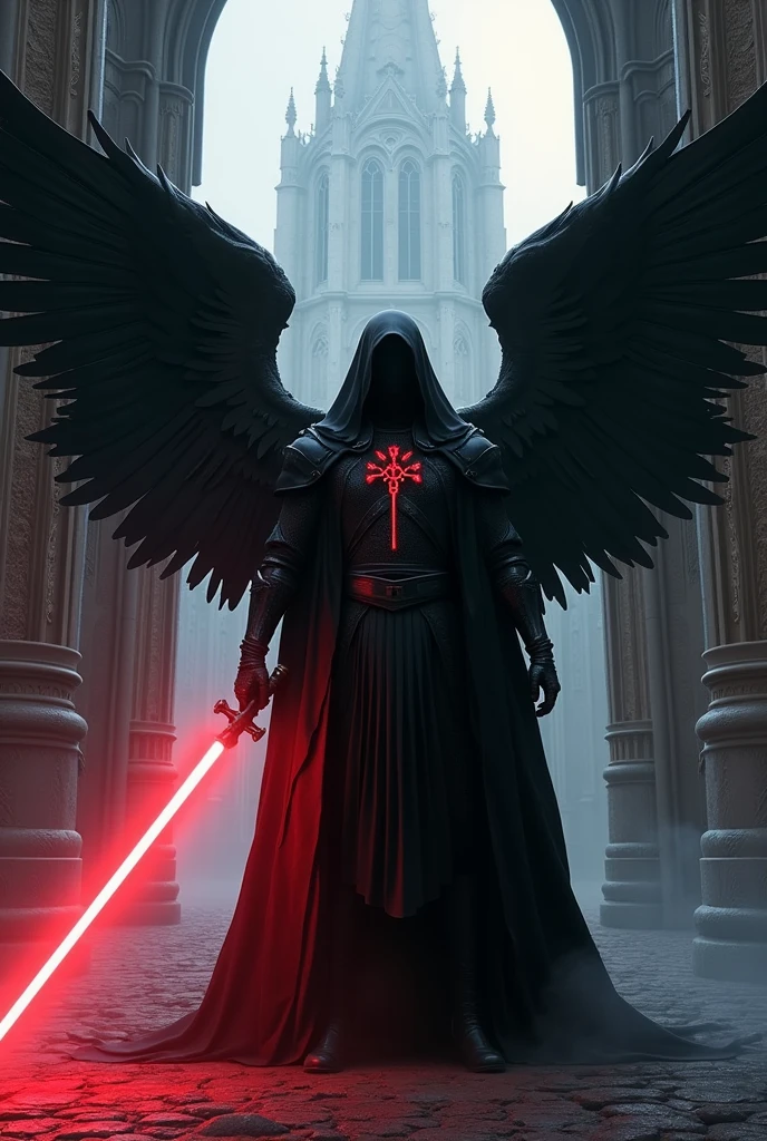 a sith templar knight with black angel wings, a crucifix on his chest and in front of a gothic church and with a crimson lightsaber
