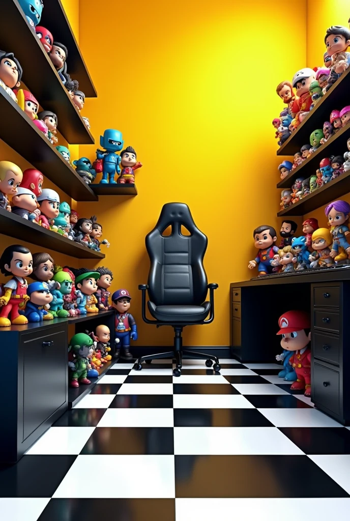 room gamer, triangular, Black and white checkered floor, light yellow walls, shelves with action figures