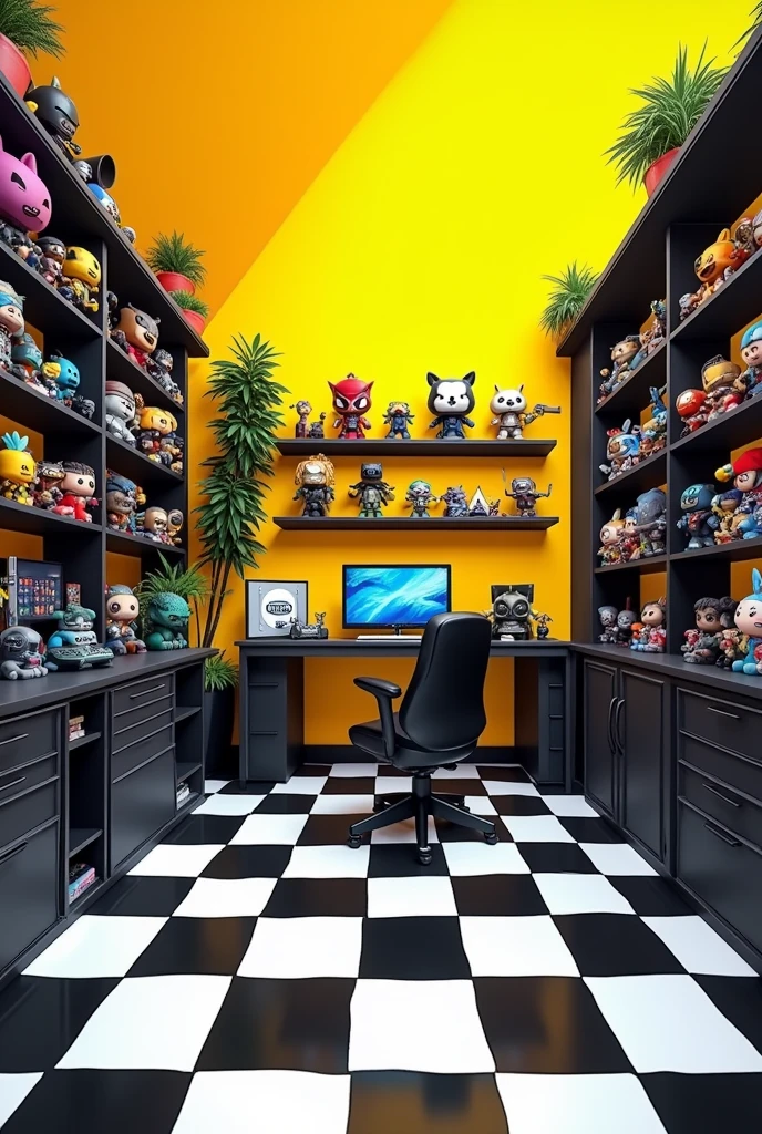room gamer, triangular, Black and white checkered floor, light yellow walls, shelves with action figures