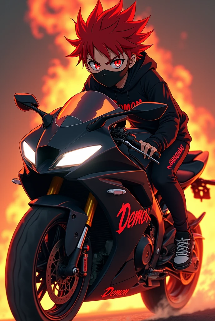 An anime boy Who has a sweatshirt That on the sweatshirt says demon Black and red hair Fire behind him Who has black pants That the pants have the word demon He has a black face mask And is on a Kawasaki Ninja H2R