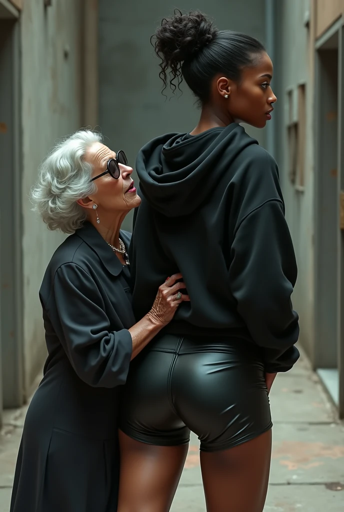 black woman hair in a bun black hoodie black leather short shorts rea;;y in shock as a old grandma in a dress on her knees kissing her ass behind her hand is in her ass holding her ass