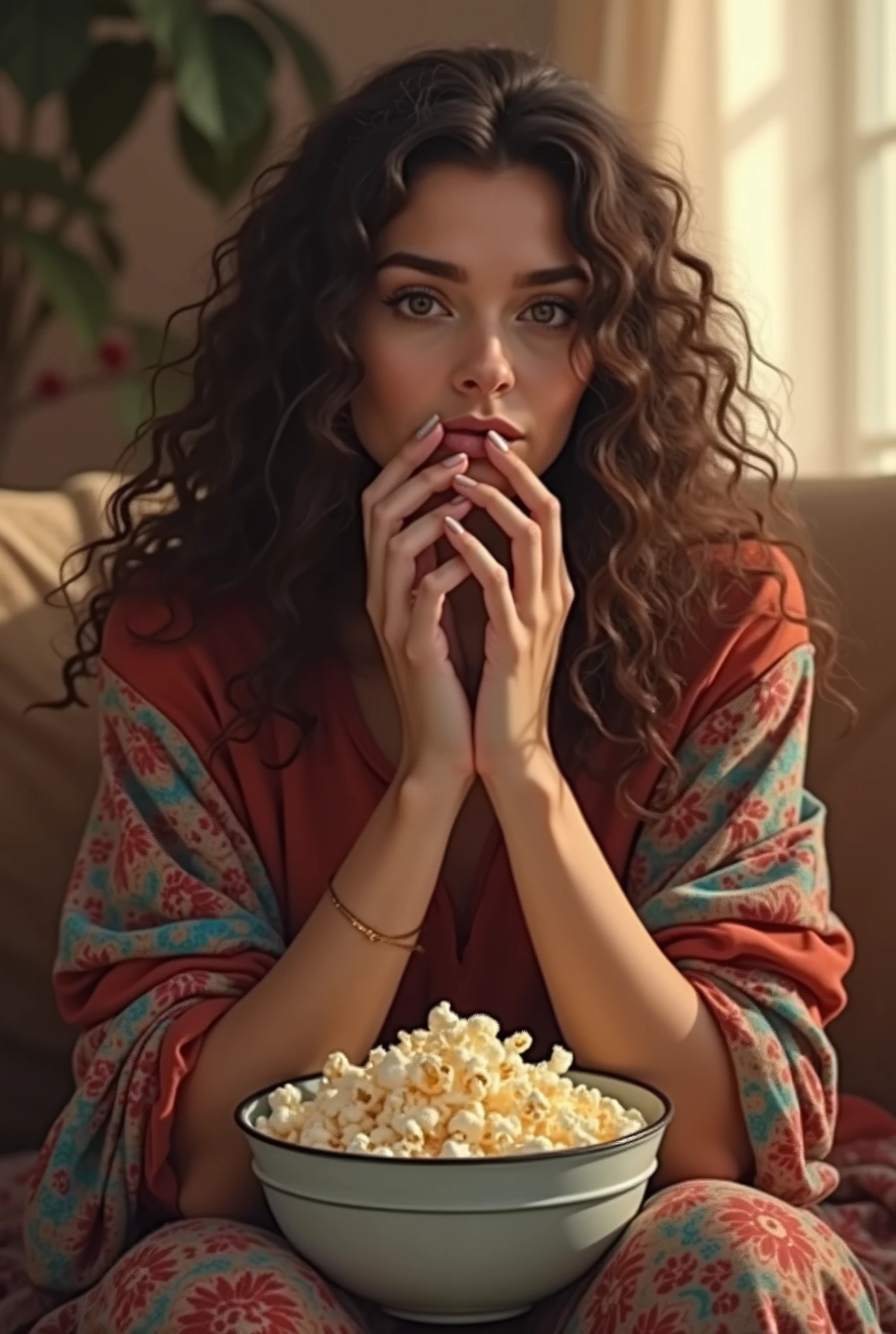 (photorealism:1.2), beautiful woman, ( colorful home clothes ), biting nails, at home, living room, eating popcorn, long curly hair, indoors, soft lighting, relaxed pose, realistic, intricate details, warm colors,