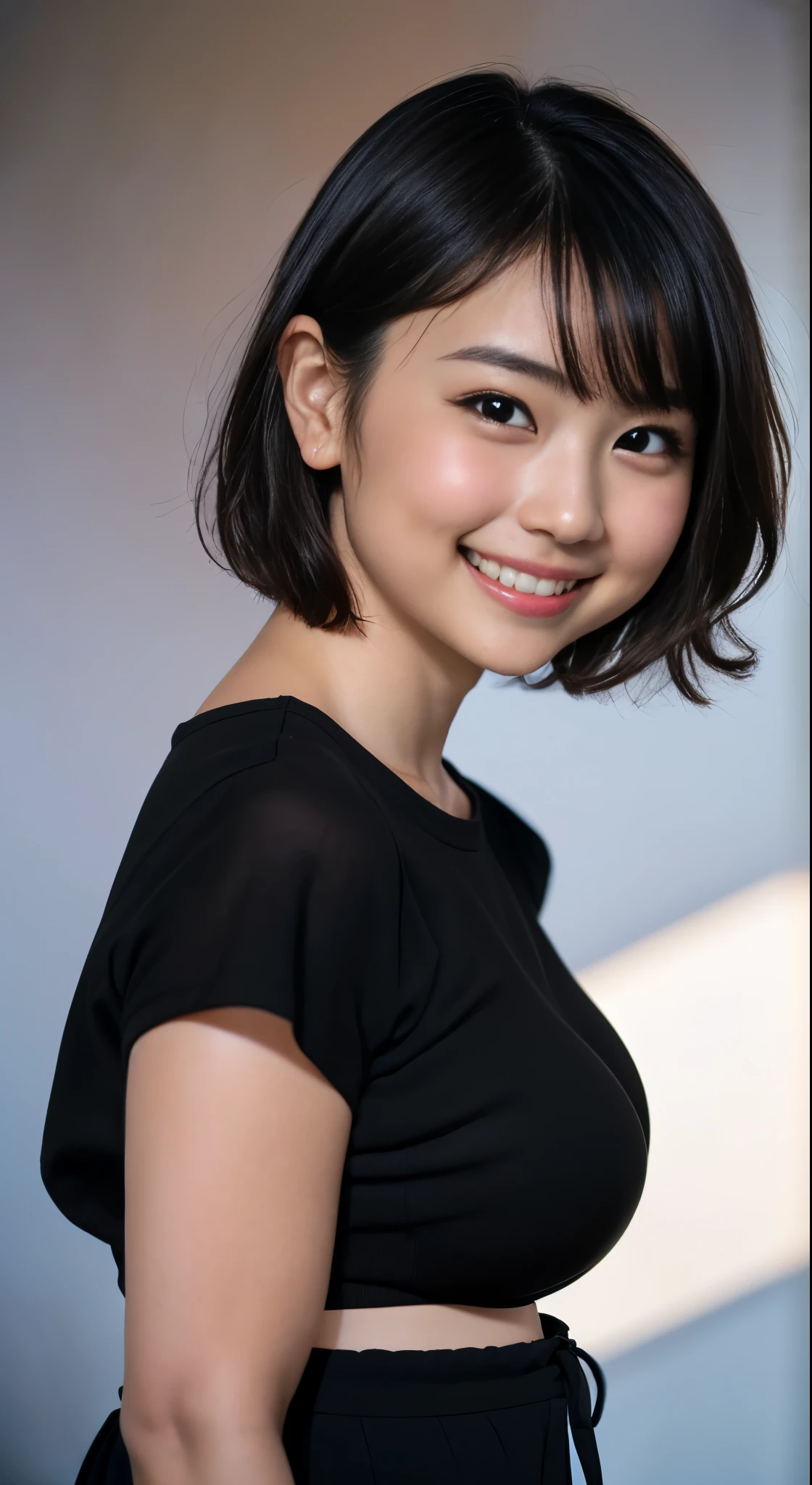 (8k、Raw photography、Highest quality、masterpiece:1.2),(Black Hair、Dark Eyes:1.9),(Short Hair:1.7)、View your audience,Front view,,(Dark Skin:1.4)、(Tight waist:1.6)、(Clothes that accentuate the shape of the breasts:1.4)、(Big Breasts :1.6)、Slim figure、Ultra-high resolution,beautiful,beautiful fece,(One person、No background:1.9),whole bodyボディー,Japanese women,(reality的:1.37)、Photon Mapping,reality、(-faced and cute: 1.4)、(Cute Smile: 1.8)、(Round face: 1.8)、Radio City、Physically Based Rendering、Depth of field rally background、photograph, (:1.8),(whole body:1.6)、Great quality