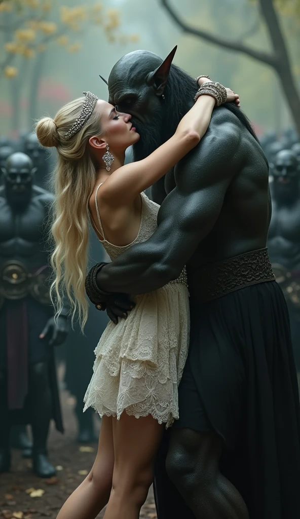 Brutal black lusty ugly bold sinister orc hugs overtightly around the waist and kiss frightened stunning tall elegant elven lady with long blonde hair worn in a bun, sugar face, contrast makeup and fair skin,wearing a inlaid tiara and dazzling earrings, dressed in exquisite elegant short lace dress with high heels and tights that accentuate her delightfully beautiful perfect body. Crowd of black evil orcs in the background. She closes her eyes and screams in pain and despair.