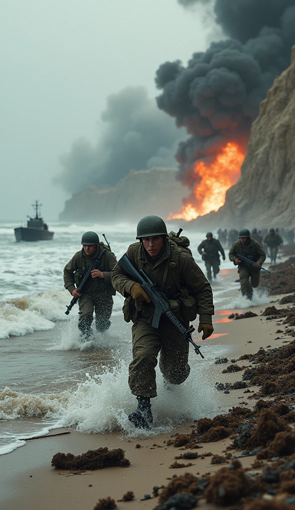 A chaotic and intense scene of Allied soldiers storming the beaches of Normandy under heavy German fire. The water is churned with waves and debris, and the beach is littered with obstacles and the bodies of fallen soldiers. Landing craft are unloading more troops, and in the distance, the cliffs are defended by German bunkers and machine-gun nests.