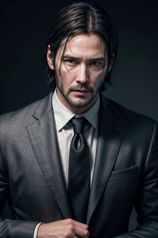 Johnny Hills is a man of approximately 3., with a robust and athletic appearance, but without being excessively muscular. He is about 1 meter tall.,85 meters, with broad shoulders and a confident posture, but less intimidating than John Wick. your face is serious, but with a slightly softer expression, that reflects determination and a slight sadness, without the constant coldness.
Johnny has brown hair, slickedback hair, that fall a little below the ears, but they are well taken care of. he has a thick mustache, that complements the look of someone who is always on the move, but still cares about your appearance. Her eyes are light brown, and convey a mixture of pain and focus, but without the harsh intensity of John Wick.
He wears a tight black suit, but with a slightly more casual look. The shirt underneath the suit is dark gray, and he wears black leather boots, he wears a gray bow tie, reinforcing the look of a man who can be elegant, but is ready for action. Johnny also has some visible scars on his face and hands.., result of his life of struggles and confrontations.
In terms of accessories, Johnny Hills wears a metallic wristwatch and carries a simple necklace with a small pendant.., that represents something personal and sentimental. His facial expression suggests that he is ready to face challenges, but it doesn't carry the same relentless seriousness of John Wick.
