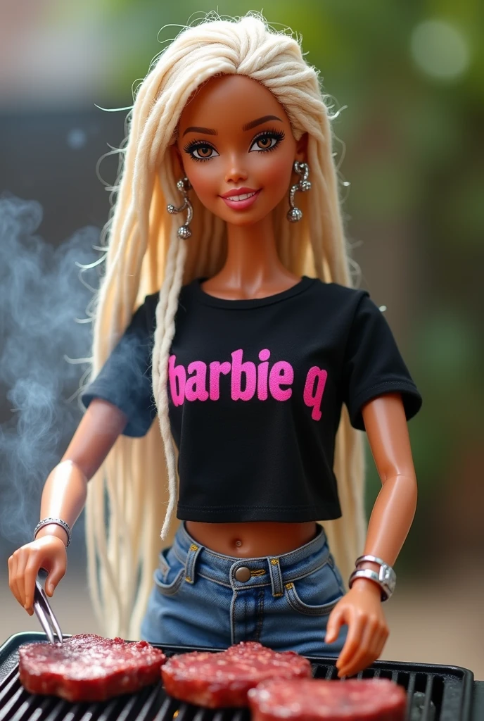 Light-skinned Barbie with dreadlocks, wearing a dark shirt with "BarbieQ" written in pink letters over the breast, wearing blue jeans, grills steaks