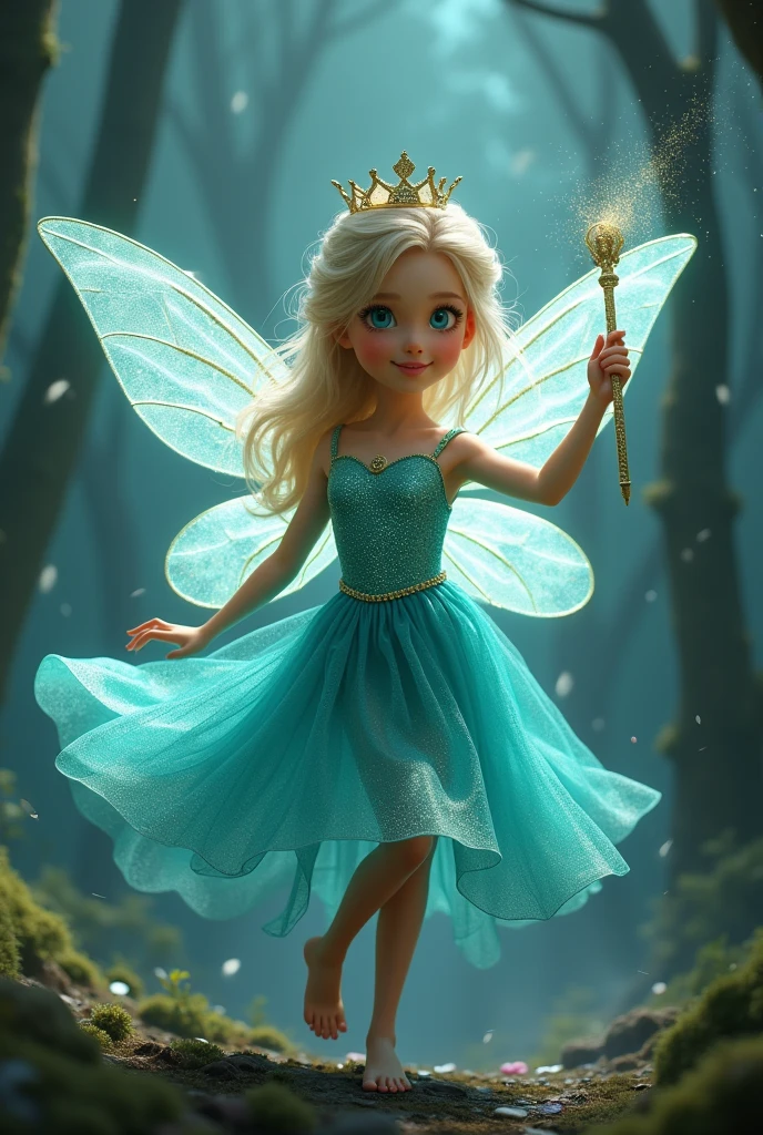 Show me a picture of a little fairy who wore princess dress in a glittery Turquoise colour with crown on her head and a magic stick in her hand and she have a glittery Turquoise colour wings and the size of her wings is one and half of her size and she's a month old and she wore heels too