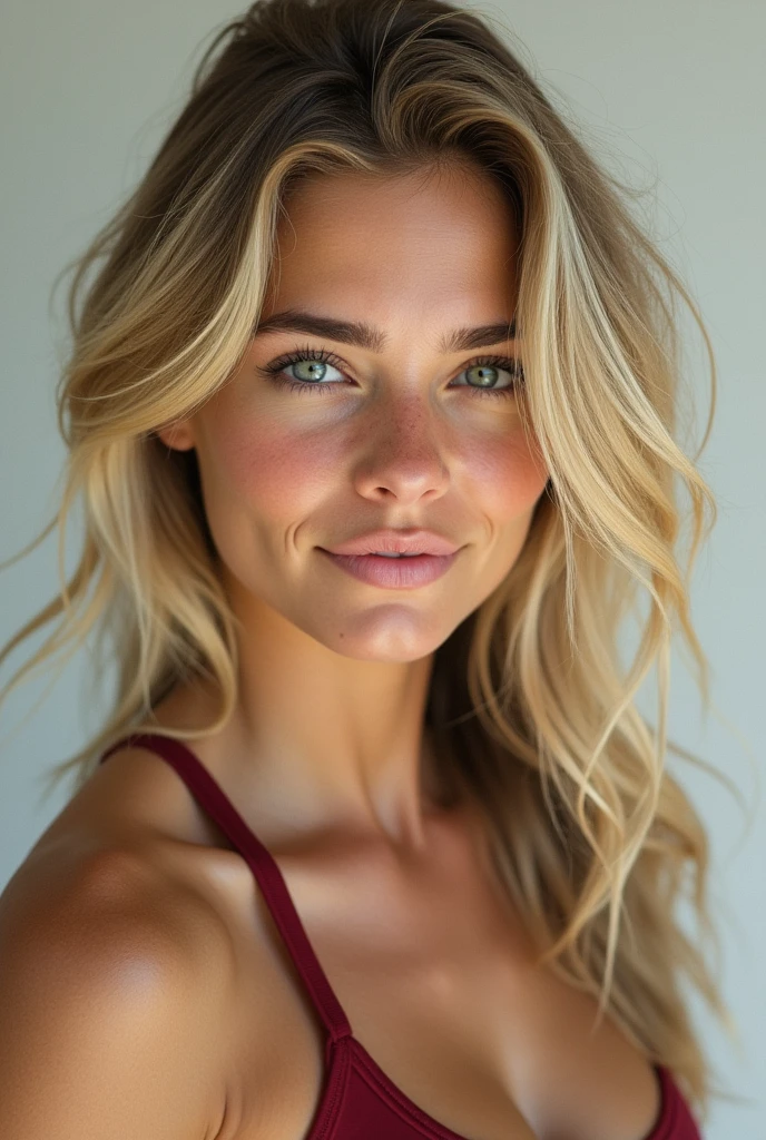 A blonde woman, around 2, slightly grayish green eyes, face of someone who plays sports, small features of actress Jennifer Aniston, weighing 80 kilos with 1,80m de altura