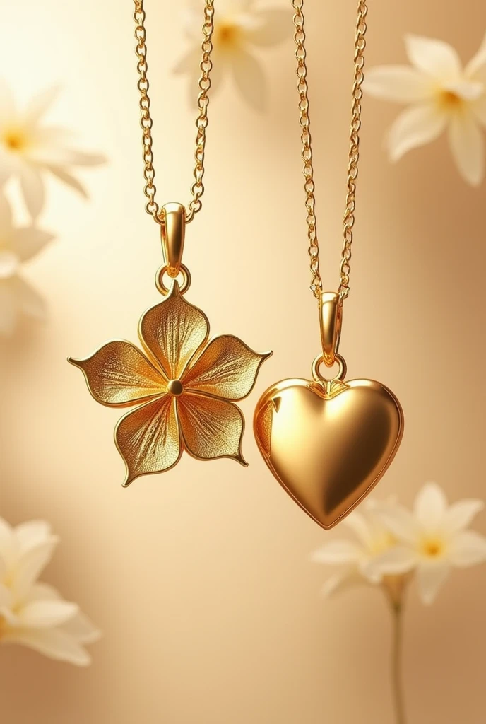 Gold flower pendant and gold heart pendant combined