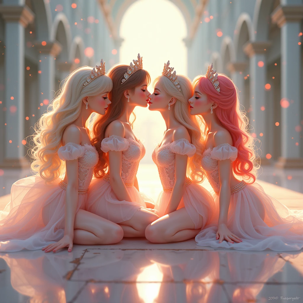 (Graceful Full Body of Extremely Detailed((Sexy Princesses Group in a row:1.37))), KAWAII perfect face with Reflective Eyes, Detailed(Delicate Clothing textures), Correct Graceful Legs, Dynamic Joyful Expressions LifeLike Rendering, Specular Reflection of mirrored floor, TopQuality 8K Ultra-detailed masterpiece (ProfessionalPhoto:1.37), (Acutance:0.8), (Luminism:1.28), Renaissance art style, Portraits, Colorful Light particles, (Full body from side) {Kissing Face to Face|Cute Peach AssFocus|(NakedApron with (Overflowing Sideboob))}, Radiant Fine Skin with Transparency, (Exposed:0.4) {Pink Hair|LightBlue Hair|Blonde|Pure White Hair|Liquid Hair|Red Shoes}, Perfect Lighting