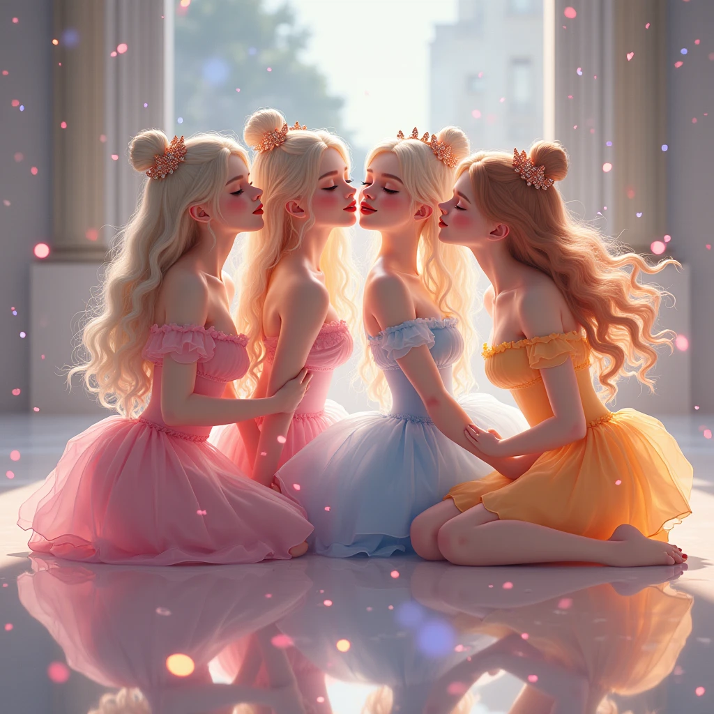 (Graceful Full Body of Extremely Detailed((Sexy Princesses Group in a row:1.37))), KAWAII perfect face with Reflective Eyes, Detailed(Delicate Clothing textures), Correct Graceful Legs, Dynamic Joyful Expressions LifeLike Rendering, Specular Reflection of mirrored floor, TopQuality 8K Ultra-detailed masterpiece (ProfessionalPhoto:1.37), (Acutance:0.8), (Luminism:1.28), Renaissance art style, Portraits, Colorful Light particles, (Full body from side) {Kissing Face to Face|Cute Peach AssFocus|(NakedApron with (Overflowing Sideboob))}, Radiant Fine Skin with Transparency, (Exposed:0.4) {Pink Hair|LightBlue Hair|Blonde|Pure White Hair|Liquid Hair|Red Shoes}, Perfect Lighting