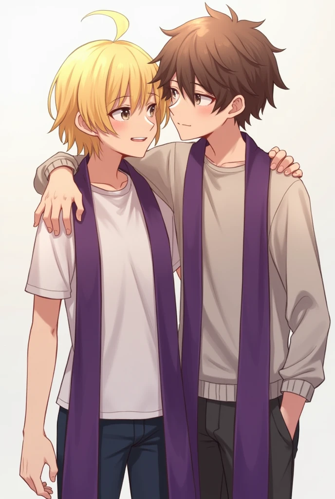 Two young friends. One with blonde hair and one with brown hair.. They are standing next to each other and have their arms around each other&#39;s shoulders.. They wear around their necks a purple priestly stole that is divided in half for each one. 
