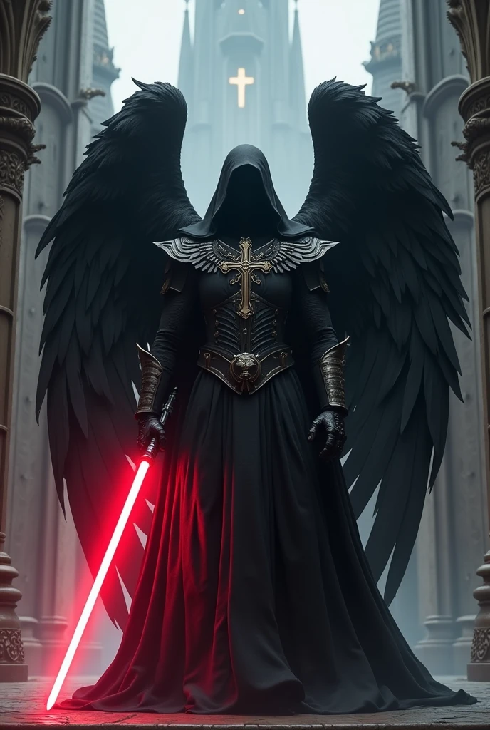 a sith templar knight with black angel wings, a crucifix on his chest and in front of a gothic church and with a crimson lightsaber