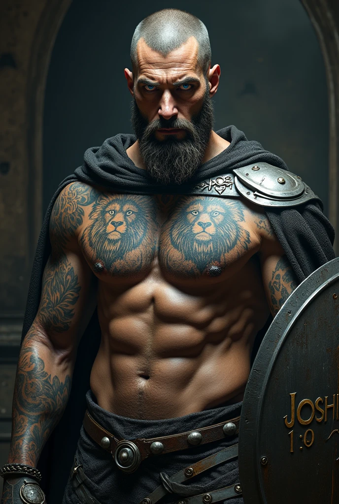 a heavily tattooed knight without armor, a lion tattoo on the shoulder and neck, vivid blue eyes, scars, holding a sword and shield with the phrase "Joshua 1:9", dramatic lighting, cinematic composition, highly detailed, digital art, concept art, award-winning, breathtaking, (best quality,4k,8k,highres,masterpiece:1.2),ultra-detailed,(realistic,photorealistic,photo-realistic:1.37)