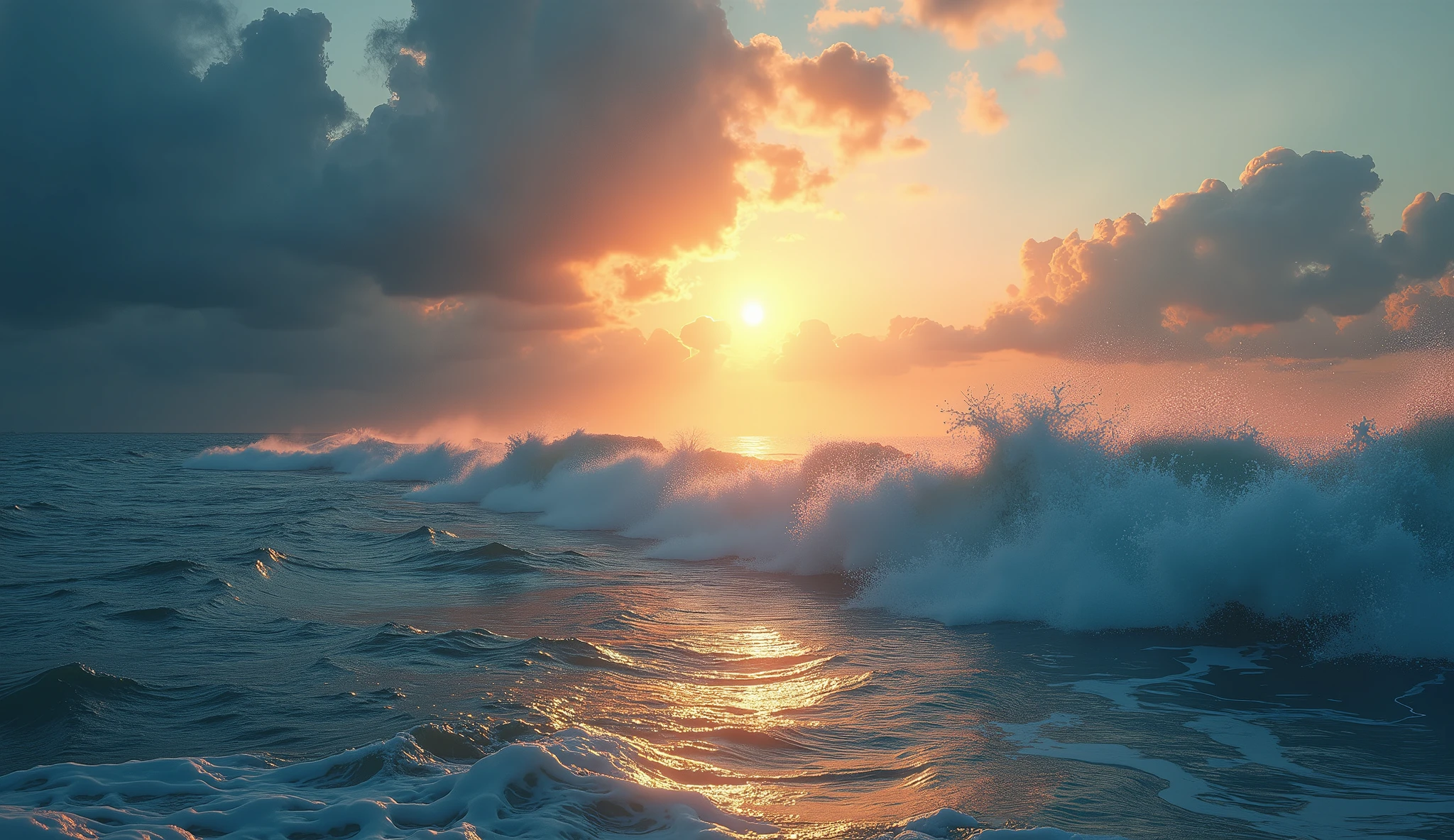 a beautiful calm serene ocean, crashing waves, epic ocean landscape, dramatic sky, golden hour lighting, dramatic clouds, sun flare, highly detailed, photorealistic, 8k, hyperrealistic, cinematic, dramatic lighting, pristine water, crystal clear water, reflections, moody atmosphere, breathtaking, stunning, awe-inspiring