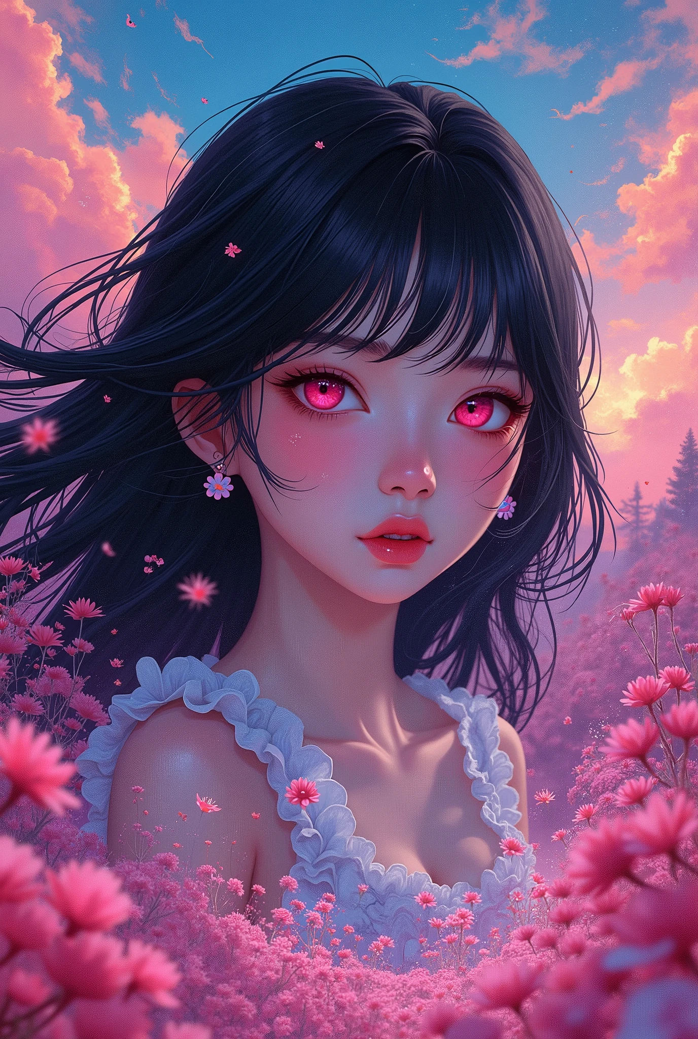 Psychedelic art, Thomas W Schaller-inspired, a radiant girl in an otherworldly landscape filled with swirling colors and intricate patterns, creating a mesmerizing visual experience, face portrait, Nezuko Komado, black hair, pink eyes, ulzzang,