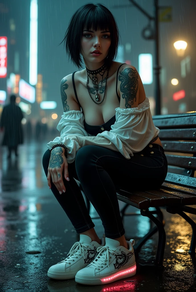 Detailed image / A beautiful white gothic woman, smiling, wet moist skin, short black hair, full of black tattoos, big breasts, wearing a white graffiti blouse, wearing black jeans, wearing sneakers with a white dragon with LED, sitting on a bench in a rain-soaked square, close-up image, super realistic, ultra realistic high quality image, 4k, 8k lots of details, realistic lighting and skin tone, detailed dark background
