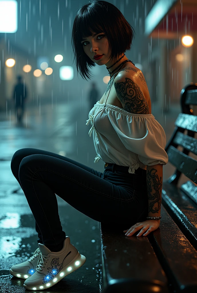 Detailed image / A beautiful white gothic woman, smiling, wet moist skin, short black hair, full of black tattoos, big breasts, wearing a white graffiti blouse, wearing black jeans, wearing sneakers with a white dragon with LED, sitting on a bench in a rain-soaked square, close-up image, super realistic, ultra realistic high quality image, 4k, 8k lots of details, realistic lighting and skin tone, detailed dark background
