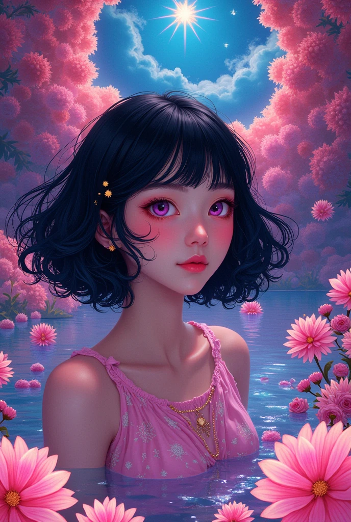 Psychedelic art, Thomas W Schaller-inspired, a radiant girl in an otherworldly landscape filled with swirling colors and intricate patterns, creating a mesmerizing visual experience, face portrait, Nezuko Komado, black hair, pink eyes, ulzzang,