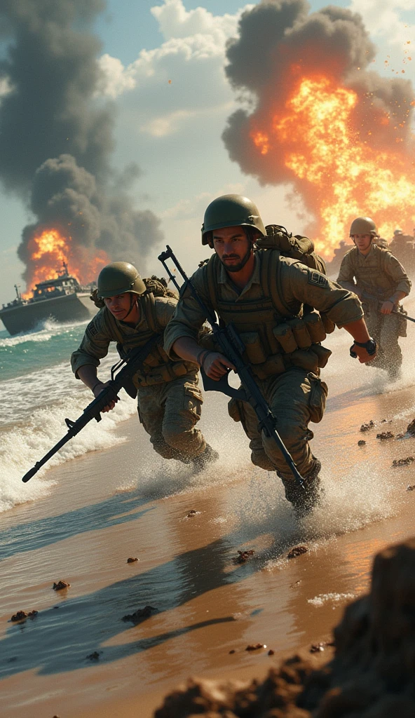 U.S. Marines storming the beaches of a Pacific island under heavy fire, with amphibious vehicles and landing craft in the background. The scene is chaotic, with explosions, gunfire, and the determination of the soldiers evident as they push forward.