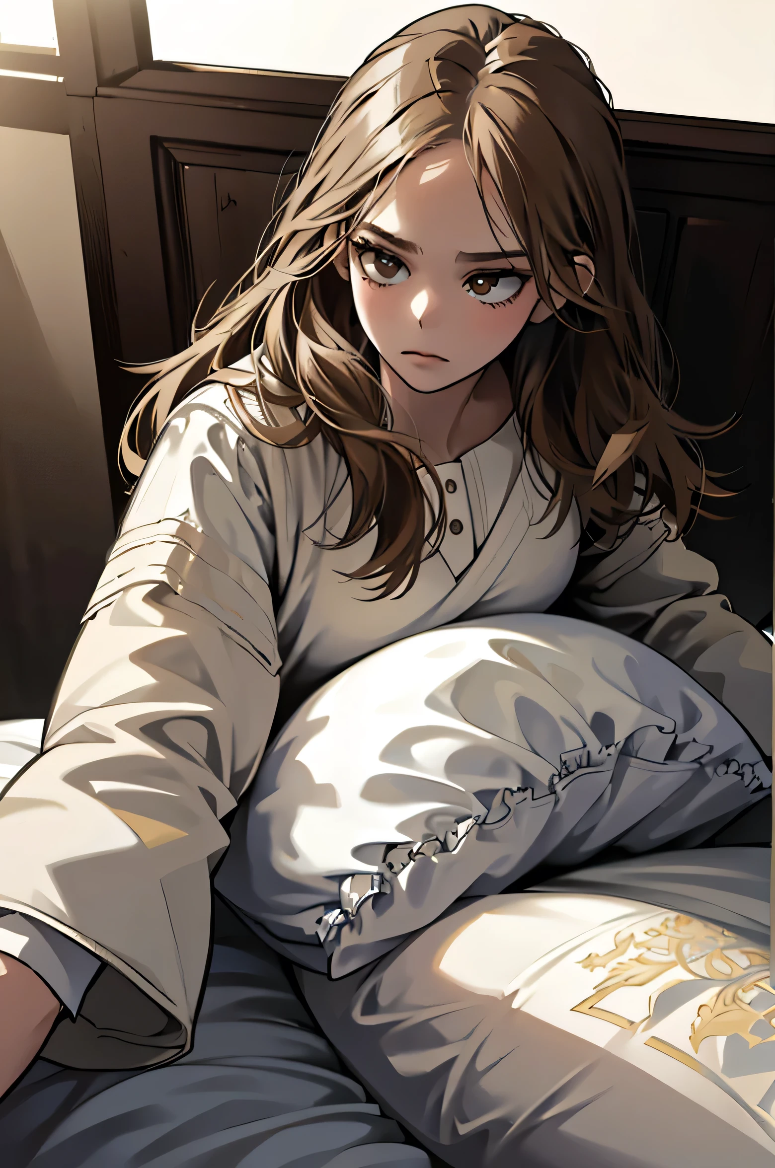 Aerial view of a girl lying on a pristine white bed, with her long wavy brown hair spread across the pillow. She is wearing a soft pajama, and her brown eyes show a determined expression. Subtle dark circles underline her eyes, adding depth to her gaze. The surrounding environment is cold and muted, with dim, cool-toned lighting that contrasts sharply with her intense look. The overall atmosphere of the room is quiet and almost sterile, further highlighting the warmth and strength in her expression.