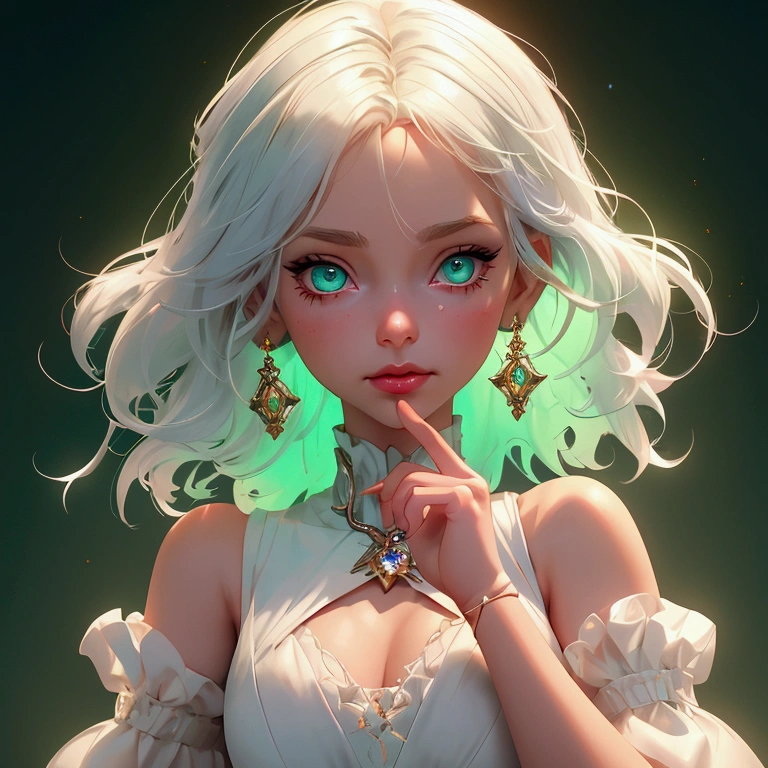 envision a 8k, highres, cinematic, beautiful close up portrait of a short girl named Cecilia Immergreen with multicolored hair, green eyes, doll joints, joints, bare shoulders, detached sleeves, hair between eyes, white hair, dressagainst a dark background